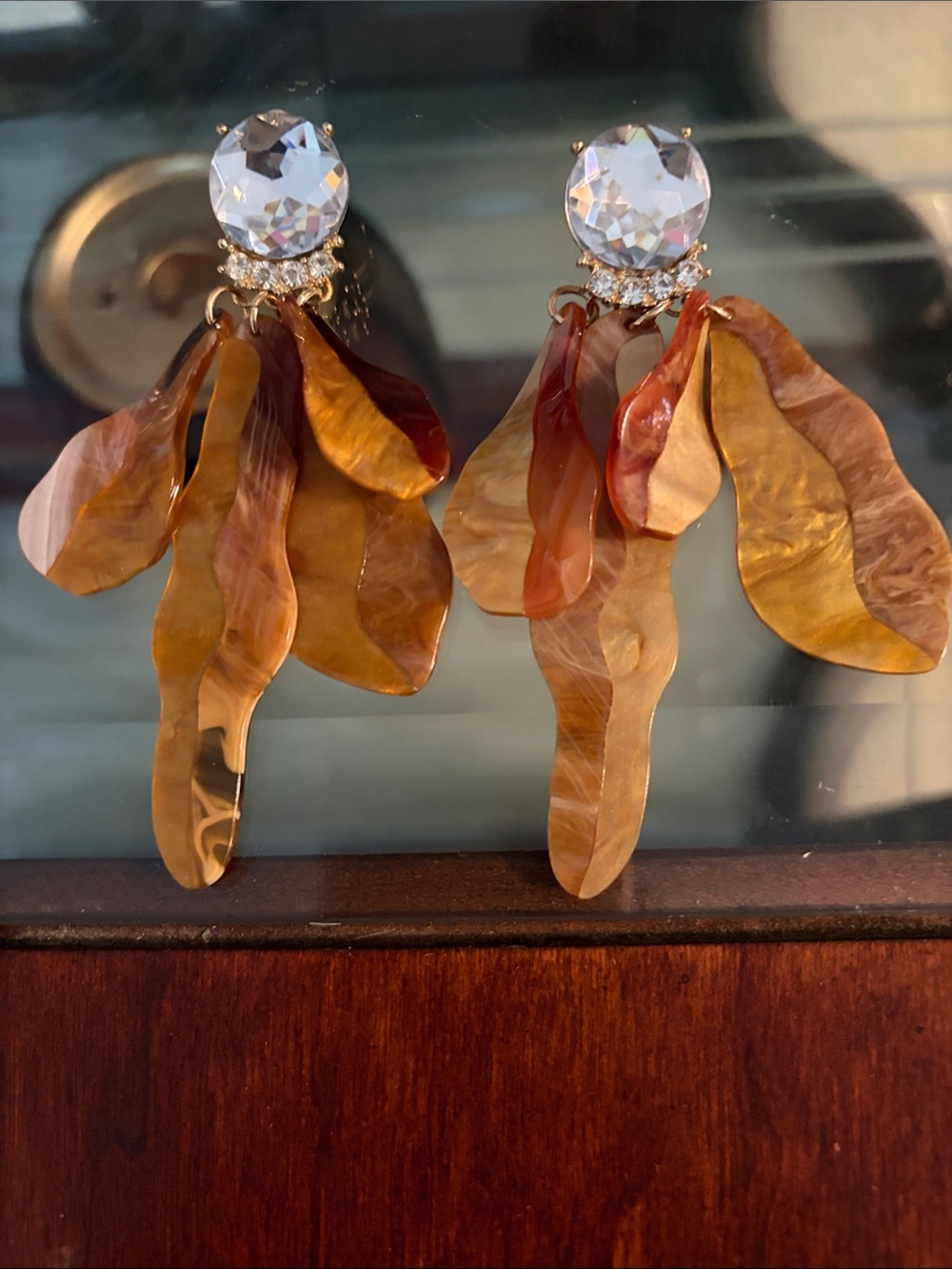 Multi-layered Sparking Clear Crystal Studs, Amber Leaf Drop Earrings